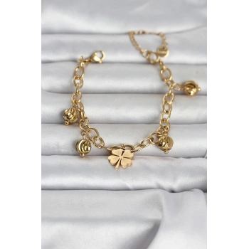 316L Çelik Gold Renk Yonca ve Dorikalı Kadın Bileklik 5886