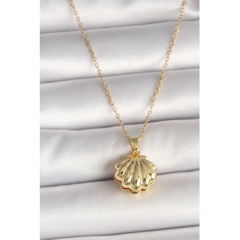 316L Çelik Gold Renk Zincir Açılır İncili Midye Model Kadın Kolye 5886