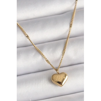 316L Çelik Gold Renk Zincir Love İşlemeli Kalp Figür Kadın Kolye 5886