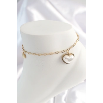 316L Çelik Gold Renk Zincir Model 3D İnci Kalp Model Kadın HalHal 5886