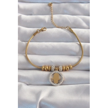 316L Çelik Gold Renk Zirkon Taş Aksesuarlı Fatma Ana Eli Bileklik 5886