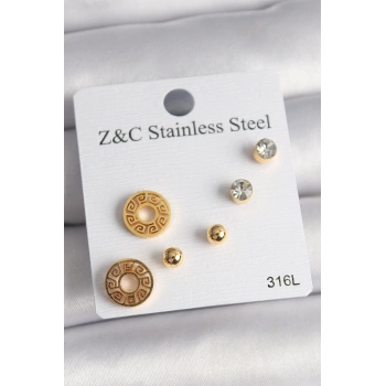 316L Çelik Gold Renk Zirkon Taşı Labirent Model Kadın Küpe Seti 5886