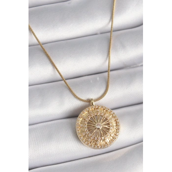 316L Çelik Gold Renk Zirkon Taşlı 12 Burç Madalyon Model Kadın Kolye 5886