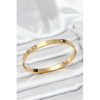 316L Çelik Gold Renk Zirkon Taşlı 65 mm Kadın Kelepçe Bileklik 5886
