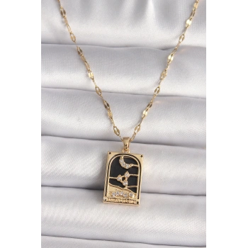 316L Çelik Gold Renk Zirkon Taşlı Ay Figürlü Tarot Model Kadın Kolye 5886