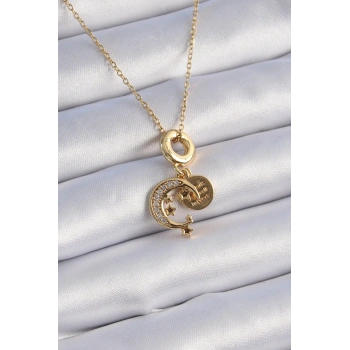 316L Çelik Gold Renk Zirkon Taşlı Ay Yıldız  Model Charm Model Kadın Kolye 5886