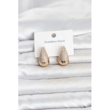 316L Çelik Gold Renk Zirkon Taşlı Damla Model Kadın Küpe 5886