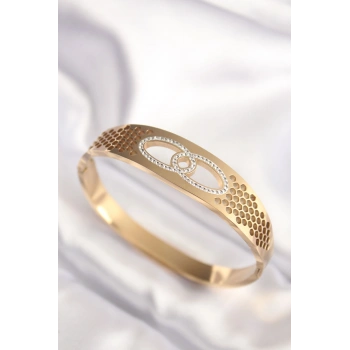 316L Çelik Gold Renk Zirkon Taşlı Kadın Kelepçe Bilezik 5886