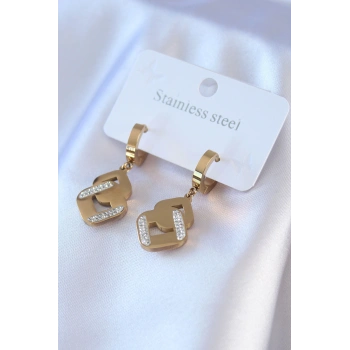 316L Çelik Gold Renk Zirkon Taşlı Kadın Küpe 5886