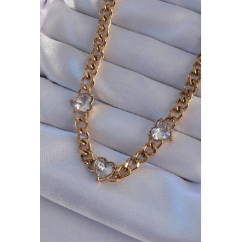 316L Çelik Gold Renk Zirkon Taşlı Kalp Model Zincir Kolye 5886