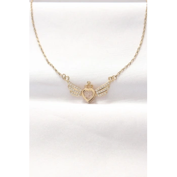 316L Çelik Gold Renk Zirkon Taşlı Kalpli Kanat Kolye 5886