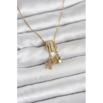316L Çelik Gold Zirkon Taşlı Deniz Tema Charmlı Kadın Kolye 5886