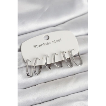 316L Çelik Gümüş Renk 6lı Set Geometrik Model Kadın Küpe 5886