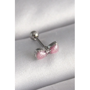 316L Çelik Gümüş Renk Pembe Kurdele Zirkon Taş Detay Tragus Piercing 5886