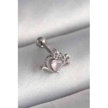316L Çelik Gümüş Renk Pembe Mineli Kalp Zirkon Taş Detay Tragus Piercing 5886