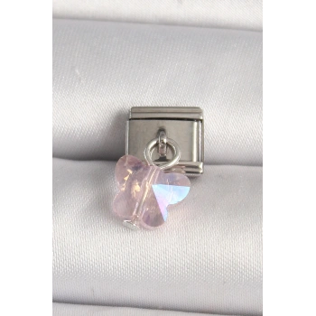 316L Çelik Gümüş Renk Pembe Zirkon Taşlı Kelebek Model Nomination Charm 5886