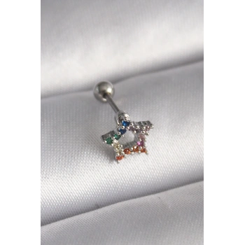 316L Çelik Gümüş Renk Renkli Zirkon Taşlı Yıldız Model Tragus Piercing 5886
