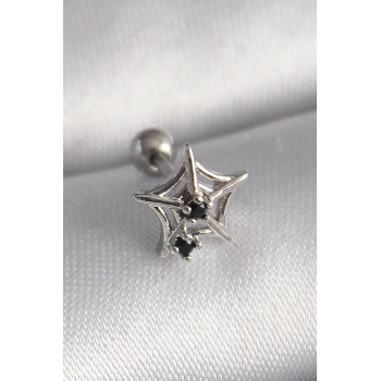 316L Çelik Gümüş Renk Siyah Zirkon Taş Detay Örümcek Ağ Model Tragus Piercing 5886