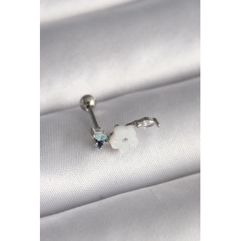 316L Çelik Gümüş Renk Zirkon Taş Detay Beyaz Çiçek Model Tragus Piercing 5886