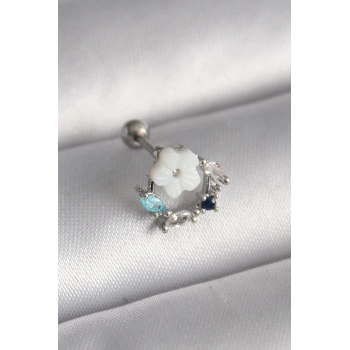 316L Çelik Gümüş Renk Zirkon Taş Detay Beyaz Çiçek Model Tragus Piercing 5886