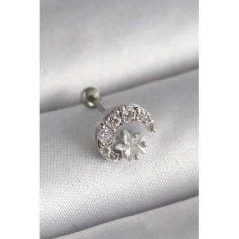 316L Çelik Gümüş Renk Zirkon Taşlı Ay Yıldız Tragus Piercing 5886