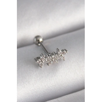 316L Çelik Gümüş Renk Zirkon Taşlı Yonca Tragus Piercing 5886