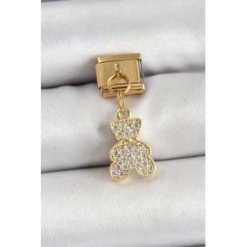 316L Çelik Sallantılı Zirkon Taşlı Ayıcık Model Gold Renk Nomination Charm 5886