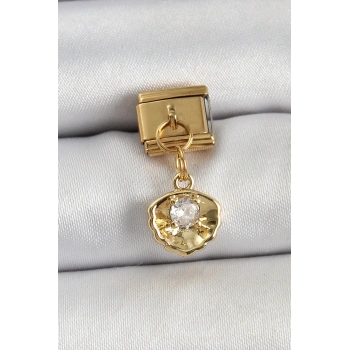 316L Çelik Sallantılı Zirkon Taşlı İstiridye Model Gold Renk Nomination Charm 5886