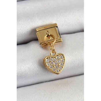 316L Çelik Sallantılı Zirkon Taşlı Kalp Model Gold Renk Nomination Charm 5886