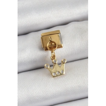 316L Çelik Sallantılı Zirkon Taşlı Kraliçe Tacı Model Gold Renk Nomination Charm 5886