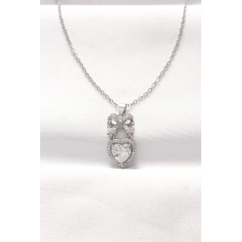 316L Çelik Silver Renk Zirkon Taşlı Kalpli Fiyonk Kolye 5886