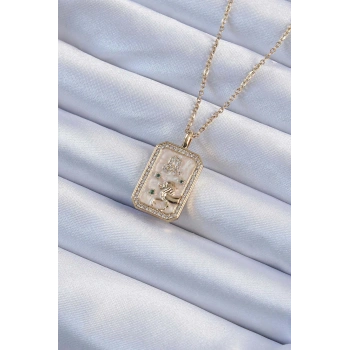 316L Çelik Zincir Altın Renk Zirkon Taşlı Aslan Figürlü Tarot Kolye 5886