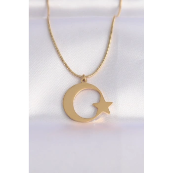 316L Çelik Zincir Gold Renk Ay Yıldız Unisex Kolye 5886