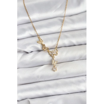 316L Çelik Zincir Gold Renk Kelebek Model Kadın Kolye 5886