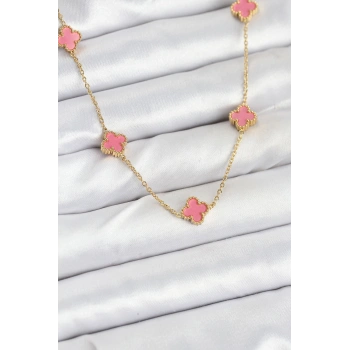 316L Çelik Zincir Gold Renk Pembe Baby Boy Yonca Kadın Kolye 5886