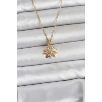 316L Çelik Zincir Gold Renk Pembe Papatya Model Kadın Kolye 5886