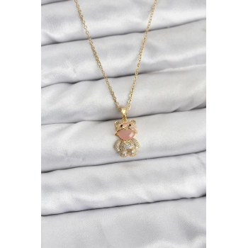 316L Çelik Zincir Gold Renk Teddy Bear Model Zirkon Taşlı Kadın Kolye 5886