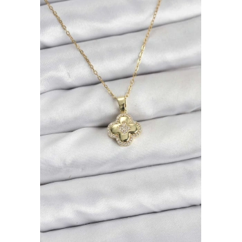 316L Çelik Zincir Gold Renk Zirkon Taşlı Yonca Model Kadın Kolye 5886