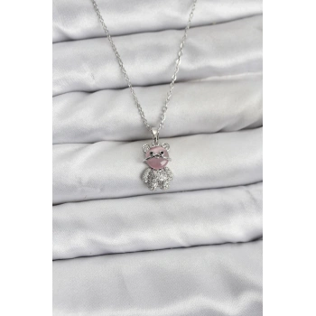 316L Çelik Zincir Gümüş Renk Teddy Bear Model Zirkon Taşlı Kadın Kolye 5886