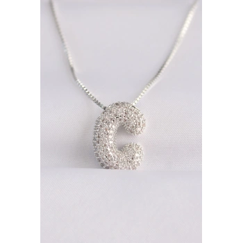 316L Çelik Zincirli Zirkon Taşlı C Harfli Silver Renk Bubble Kolye 5886