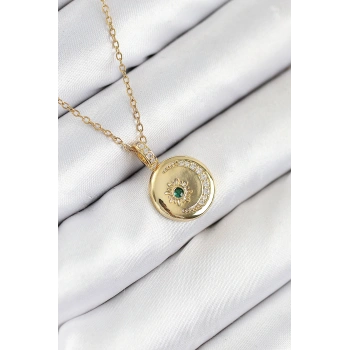 316L Çelik Zirkon Taşlı Ay Ve Güneş Model Gold Renk Kadın Kolye 5886