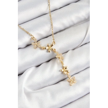 316L Çelik Zirkon Taşlı Çiçek Model Gold Renk Kadın Kolye 5886