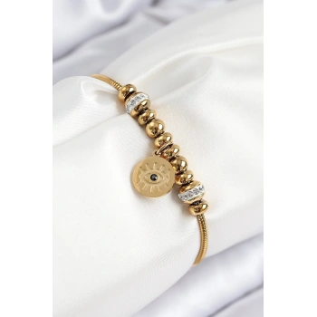 316L Çelik Zirkon Taşlı Göz Charm Model Gold Renk Kadın Bileklik 5886