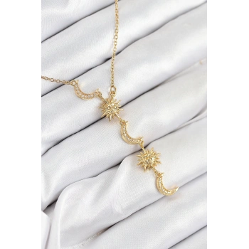 316L Çelik Zirkon Taşlı Güneş Ve Ay Model Gold Renk Kadın Kolye 5886
