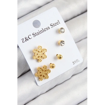 316L Çelik Zirkon Taşlı Kar Tanesi Model Gold Renk Kadın Set Küpe 5886