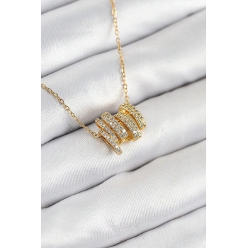 316L Çelik Zirkon Taşlı Sarmal Model Gold Renk Kadın Kolye 5886