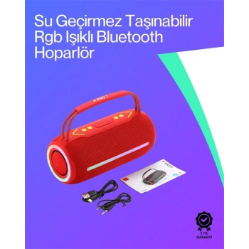 360 RGB LEDli Taşınabilir Bluetooth Hoparlör – Kırmızı USB/TF Destekli