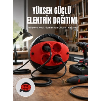 5 Metre Uzatma Kablolu 4 Prizli Makara Kırmızı