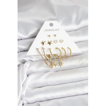 6 Çift Kadın Küpe Seti Gold Renk 5886