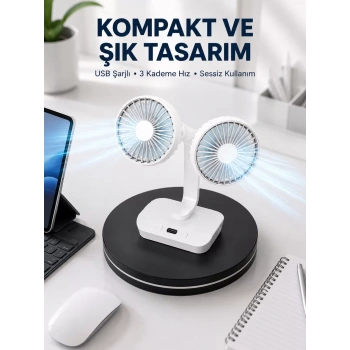 720° Döner Çift Taraflı Masaüstü Vantilatör – USB Şarjlı Sessiz Fan